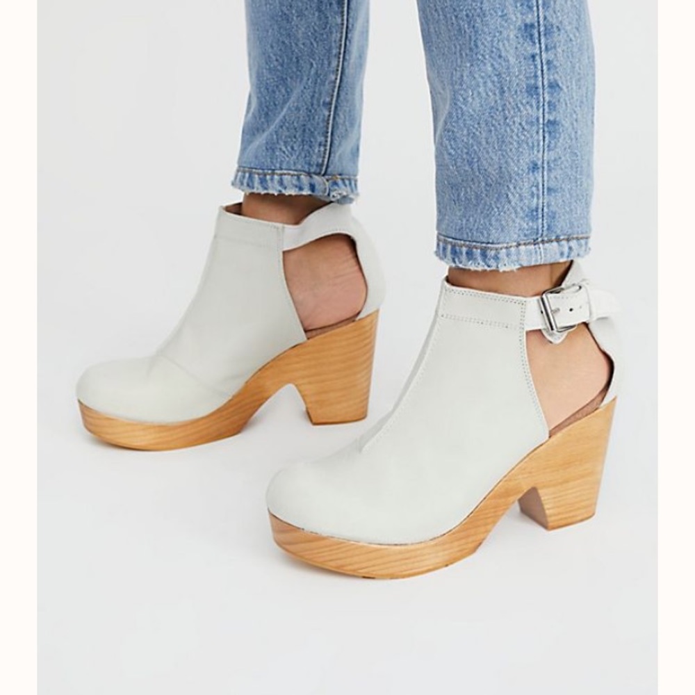 Free People White Leather Cutout Clog Heels with Wood Platform